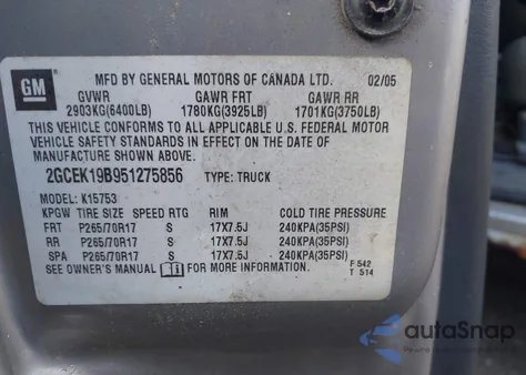 2005 Chevrolet Silverado 1500 K1500 z USA, uszkodzony, nr VIN 2GCEK19B951275856